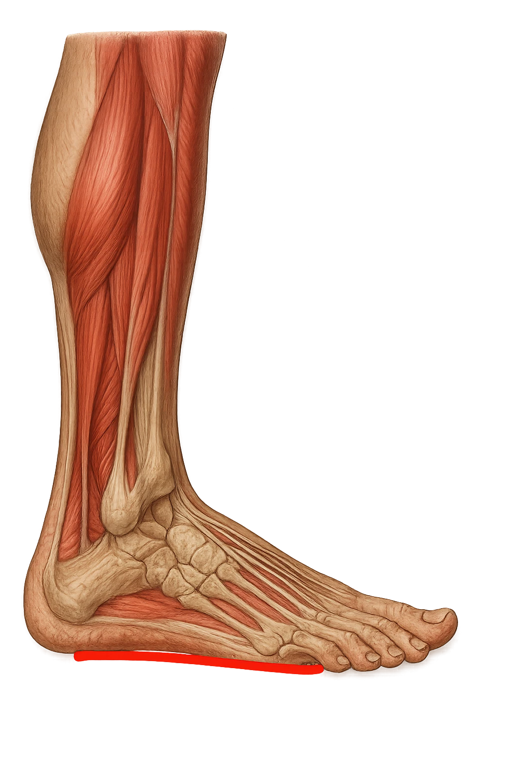 spazio dall'avampiede al tallone umano sottolineato in rosso, fai l'arto umano anatomico realistico con evidenza su quel tratto emoji