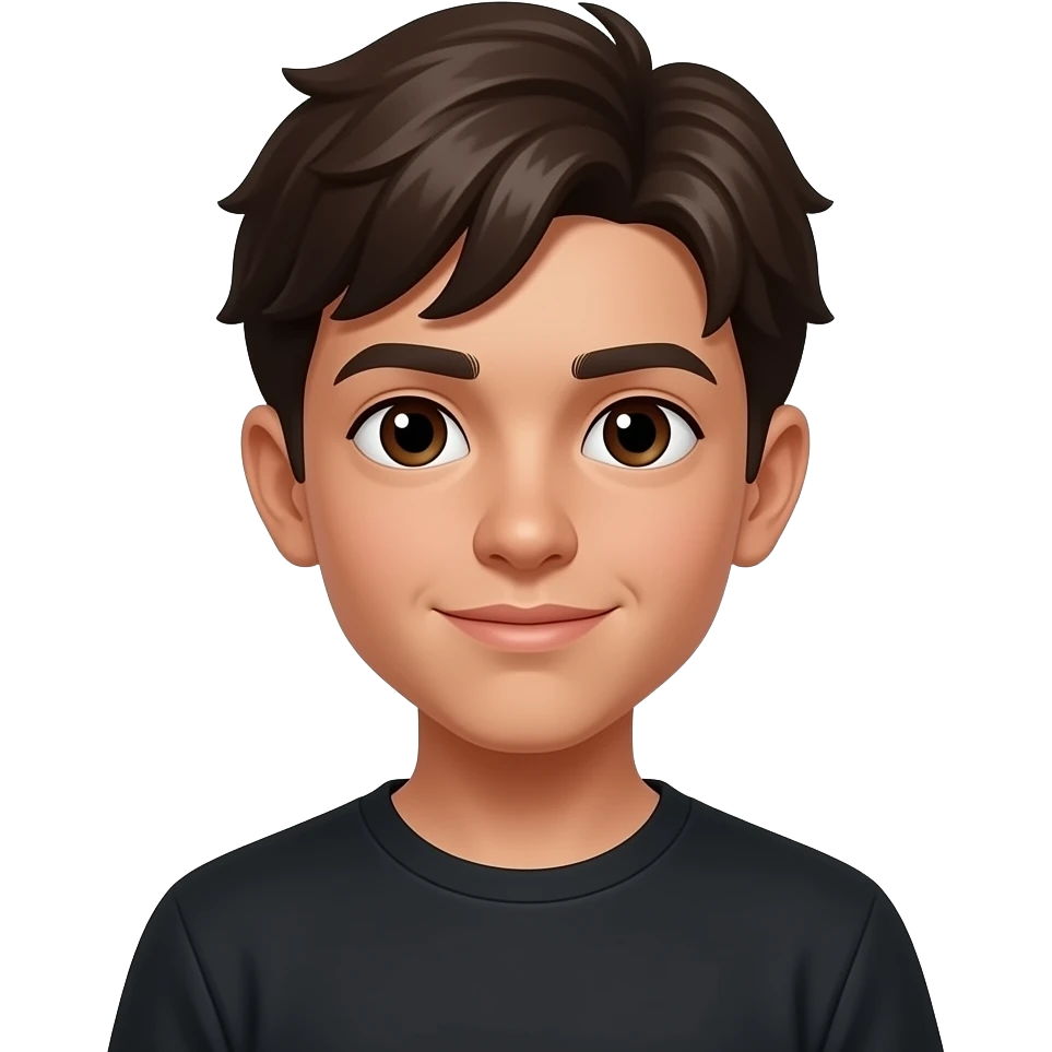 um menino de 13 anos com cara de 12, ele tem cabelo marrom escuro e pele morena meio escurinha, o olho dele  é castanho escuro e ele está usando uma camisa preta emoji