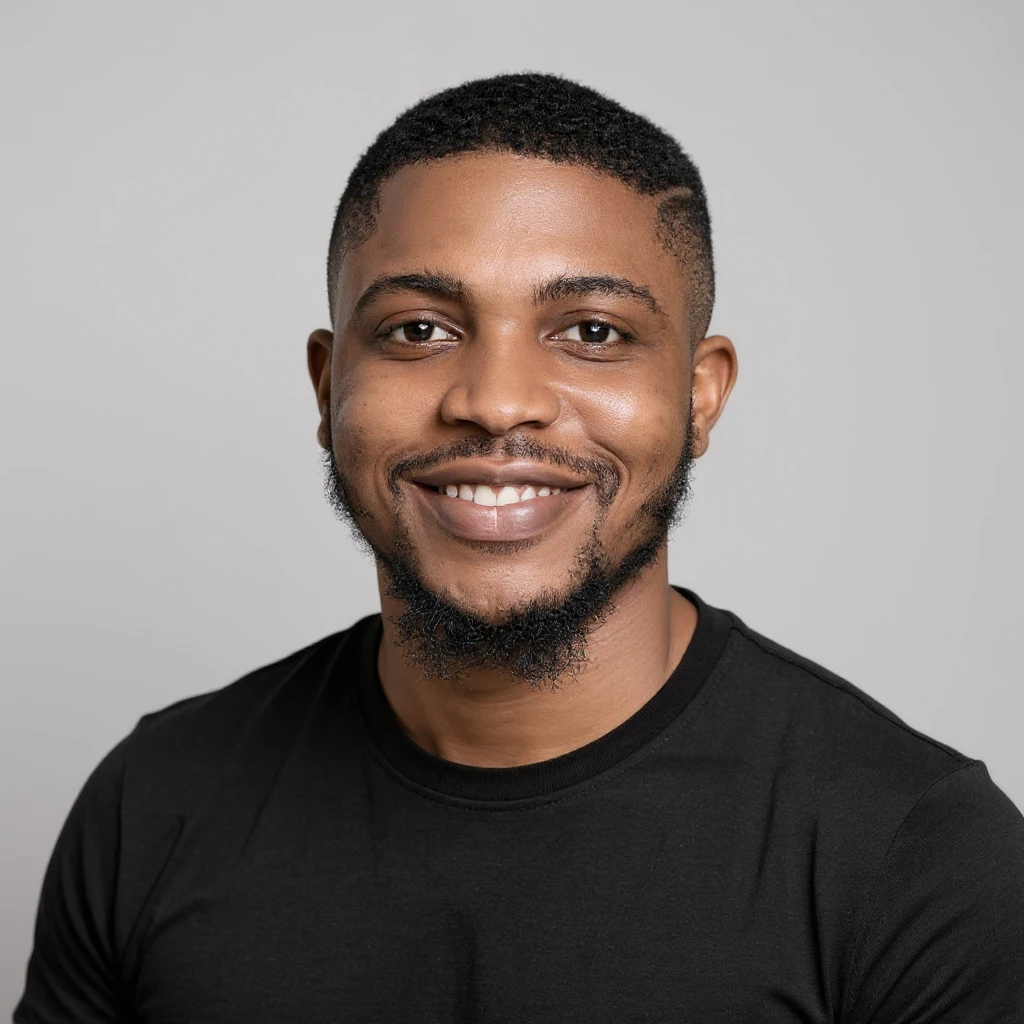 A professional portrait of me in monochrome. Plain black crew neck shirt. Tailored to LinkedIn. Tech boy vibe (programmer). I’m a black man from Nigeria. Retain facial features from attached image. Make face smoothie and healthy. No accessories. Light gray background to make subject more visible. emoji