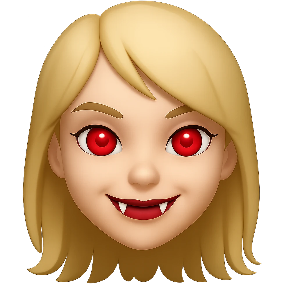Make the character cute, not laughing, but add something to make her look scary such as fangs, glowing eyes, or a subtle sinister smile. She has blonde hair, is a white girl, and has red eyes. Render in emoji style. emoji