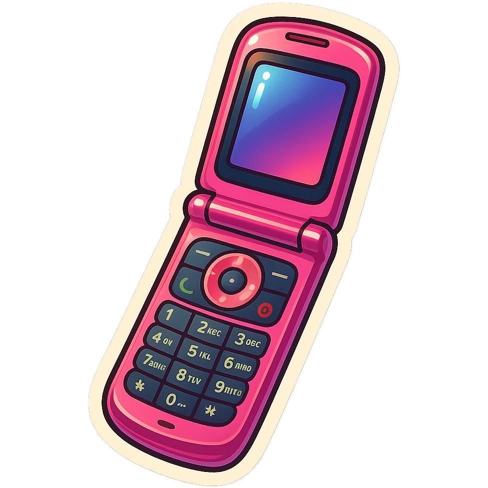 vintage pink razor flip phone, open, showing keypad and screen, retro style, shiny finish emoji