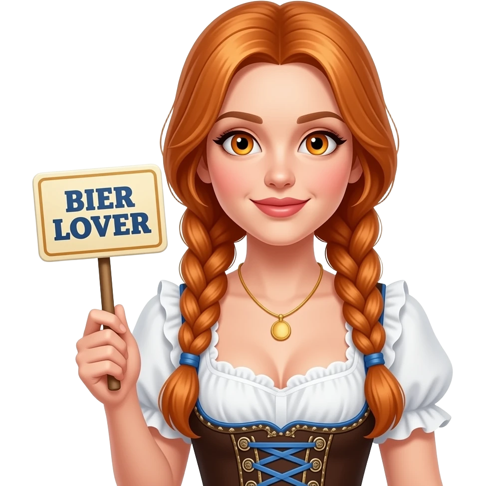 sexy girl with overlong ginger hair in braids and ginger eyes wearing a dirndl holding a BIER LOVER sign emoji