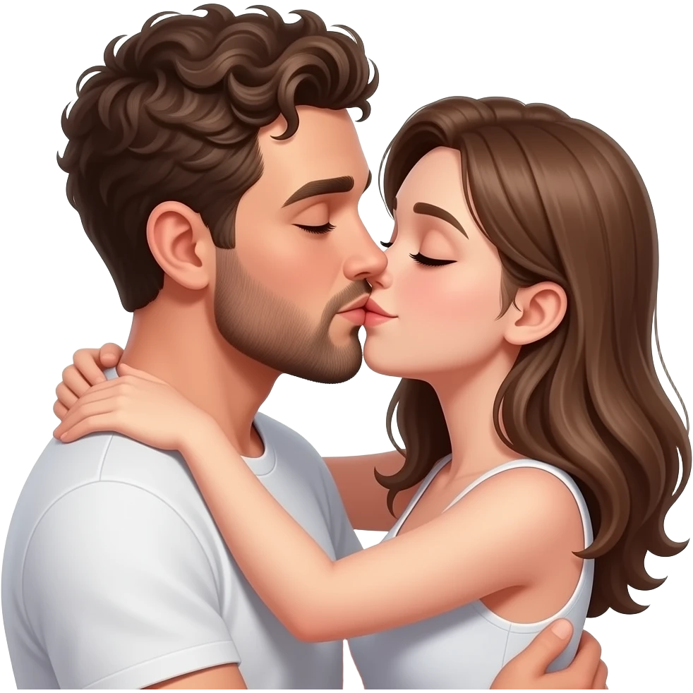Realistic white man super short curly brown hair with beard kissing passionately and hugging realistic white girl brown hair emoji