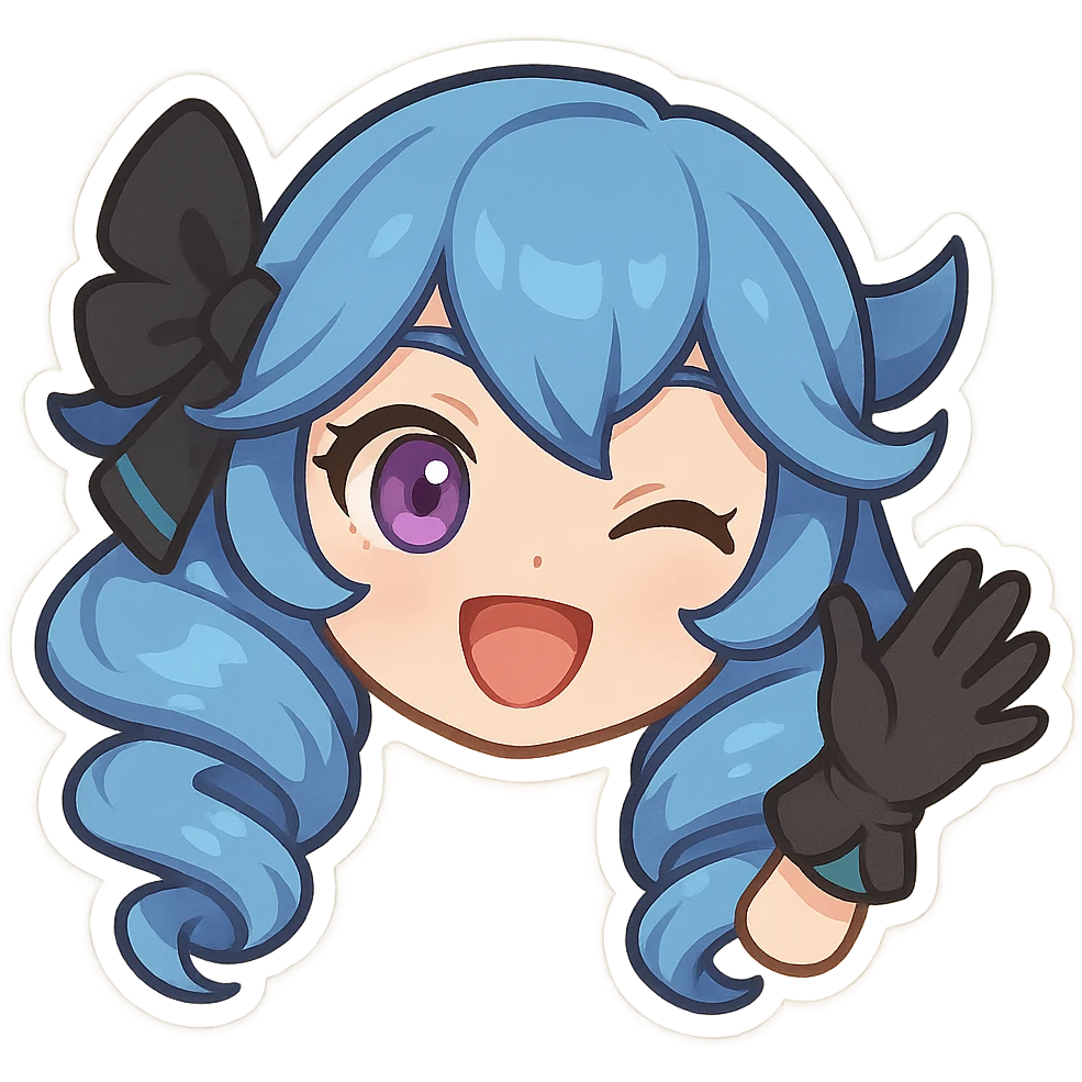 chibi style Gwen from League of Legends, only head, right eye purple, waving with gloved hand, wide smile, energetic expression emoji