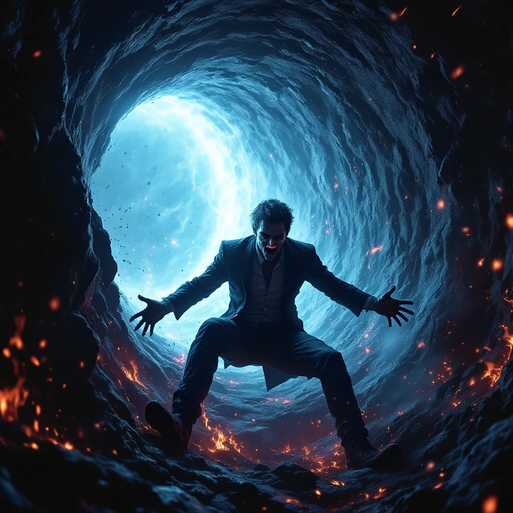 A character being sucked into a portal to hell behind him, going in butt first with hands and feet flailing last, dramatic and intense scene in Flux Pro style. emoji