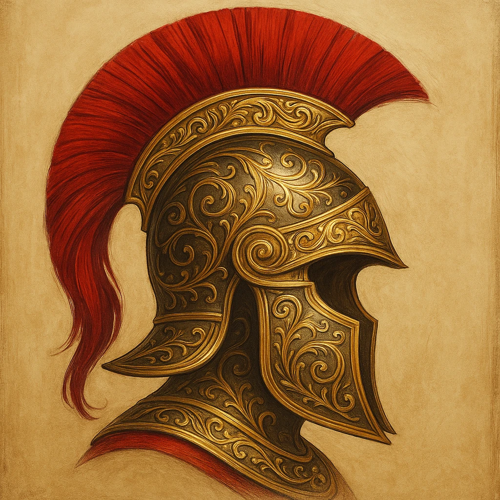 Roman Centurion's helmet, stylized, gold and red accents, artistic and elegant emoji