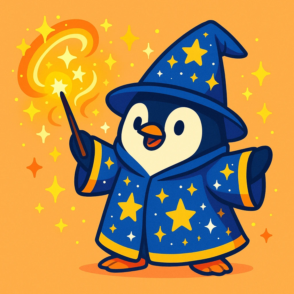 a penguin wizard casting a spell, with sparkles and a starry robe, cute cartoon style emoji