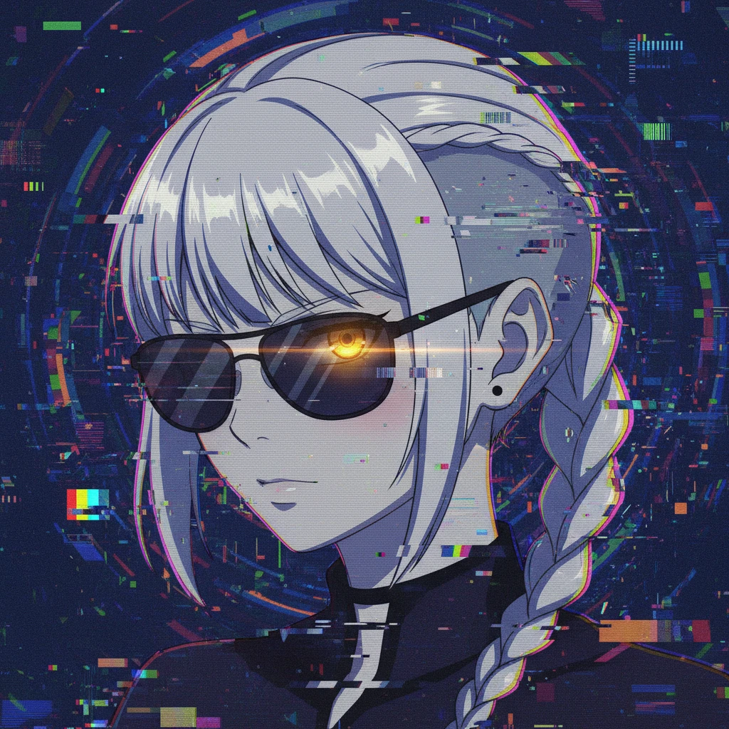 cyberwave glitch digital microscanner projection of a portrait of an anime girl wearing dark shades, cyber hologram, abstract, experimental glitchy brutalist graphicwave, 1 female, white hair mohawk locks, shaved sides hair, long single braid, gold yellow eyes, style of anime emoji