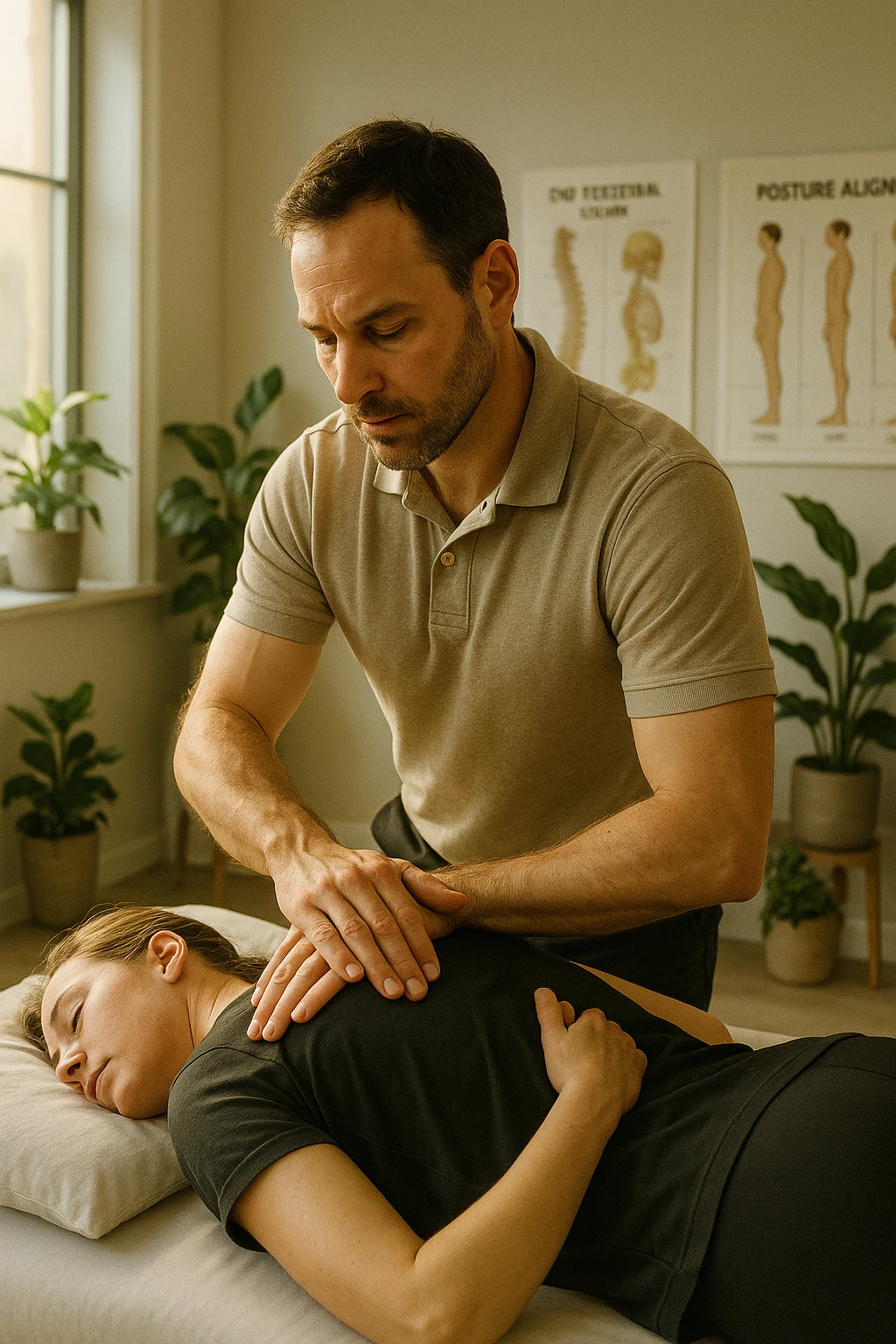 A realistic, cinematic illustration of a professional osteopath in his late 30s, wearing a fitted polo shirt in a neutral color, performing gentle manual manipulations on a patient to improve posture. The osteopath uses precise hand placement along the patient's upper back and cervical spine while the patient lies on a comfortable treatment table in a bright, modern clinic. Anatomical posters showing the spine and posture alignment are on the wall, and the room has warm, natural lighting with plants for a calming atmosphere. The scene emphasizes hands-on osteopathic care to restore body alignment, spinal mobility, and posture, showcasing trust, professionalism, and holistic care emoji