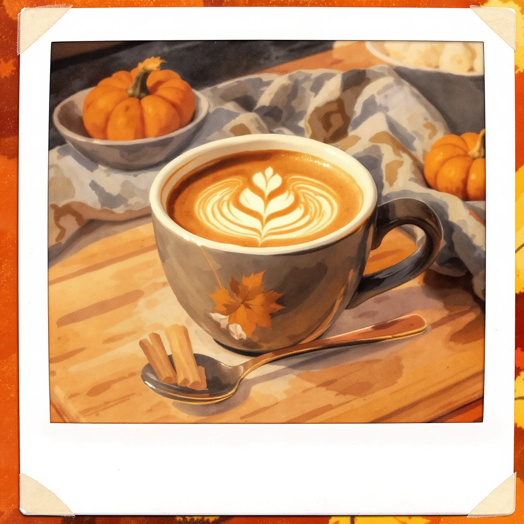 coffee latte art seamless background, pumpkin spice latte, creamy brown and orange tones, cozy autumn café vibe, watercolor effect emoji