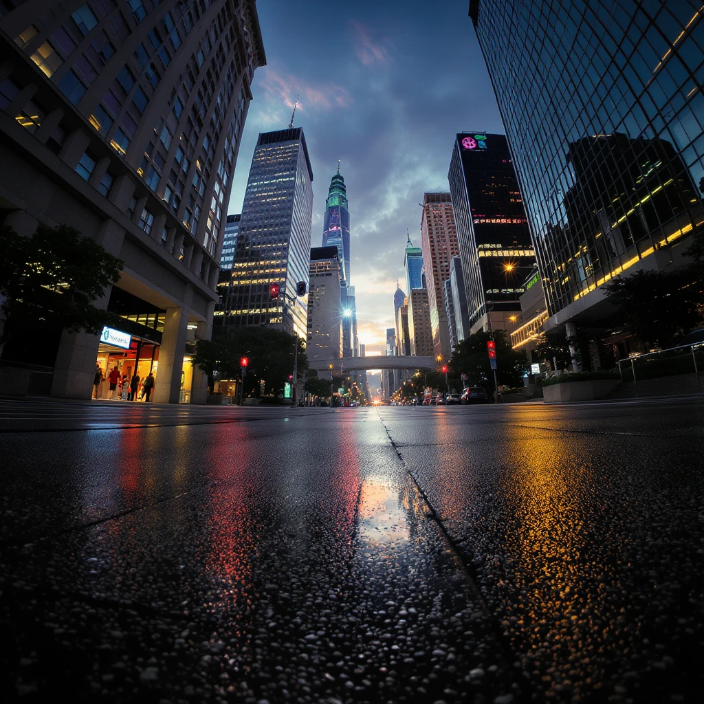 city skyline at dusk, wide-angle photography style emoji