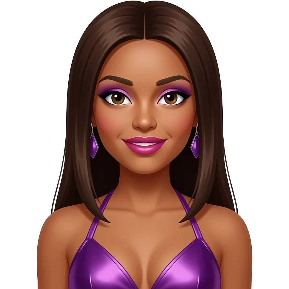 Melody Thornton from The Pussycat Dolls with dark skin, dark brown eyes, long brown straight hair, purple eyeshadow, hot pink lipstick, purple metallic halter dress, earrings emoji