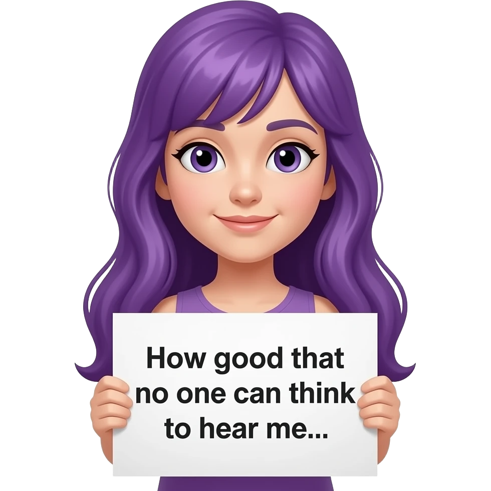 girl with long purple hair holding a Wie gut, dass mich keiner DENKEN HÖREN kann... sign emoji