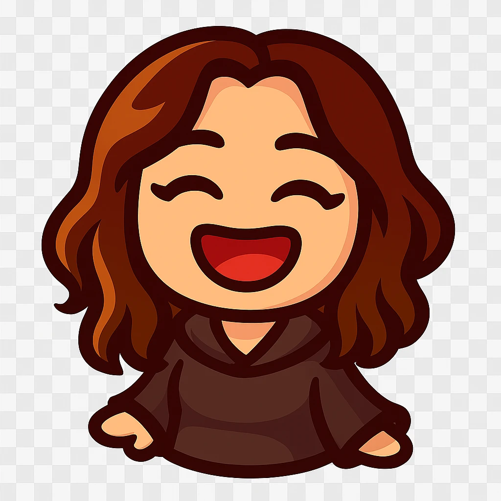 Create a chibi emote of the woman in the first reference image, in the style of the second reference image, laughing with eyes closed emoji