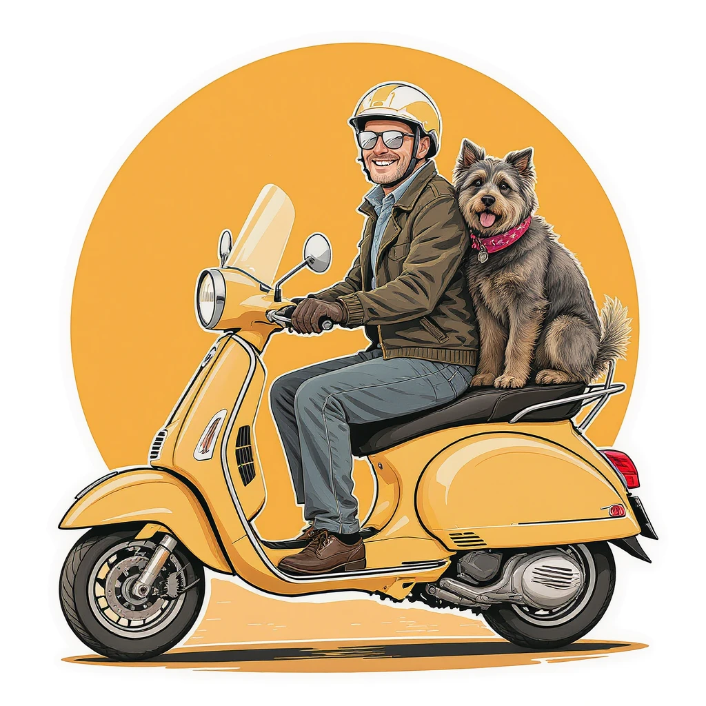 vector art of a man and his pet dog riding a vespa, for website design  emoji