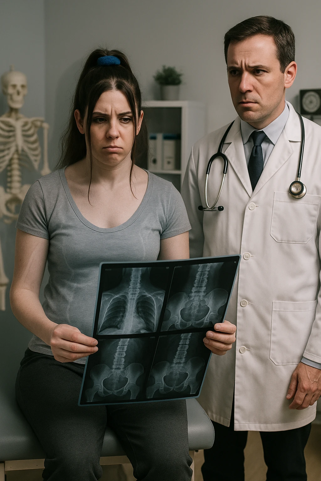 a person sits in a doctor’s office, holding medical imaging results (like X-rays or MRI scans) that appear normal. However, a subtle shadow or ghosted outline around their body reveals postural asymmetries—such as uneven shoulders or hips—that are not visible in the scans. The doctor looks puzzled, while the patient appears frustrated. emoji