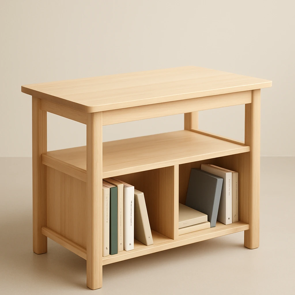 A small light wooden table bookshelf storage emoji