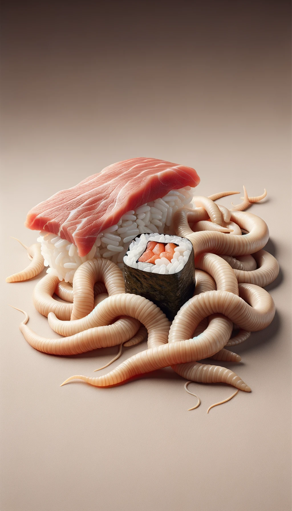 carne cruda fluttua insieme a sushi, intorno a loro fluttuano vermi lunghi e beige chiaro, sfondo neutro chiaro, iperrealistico 4k emoji
