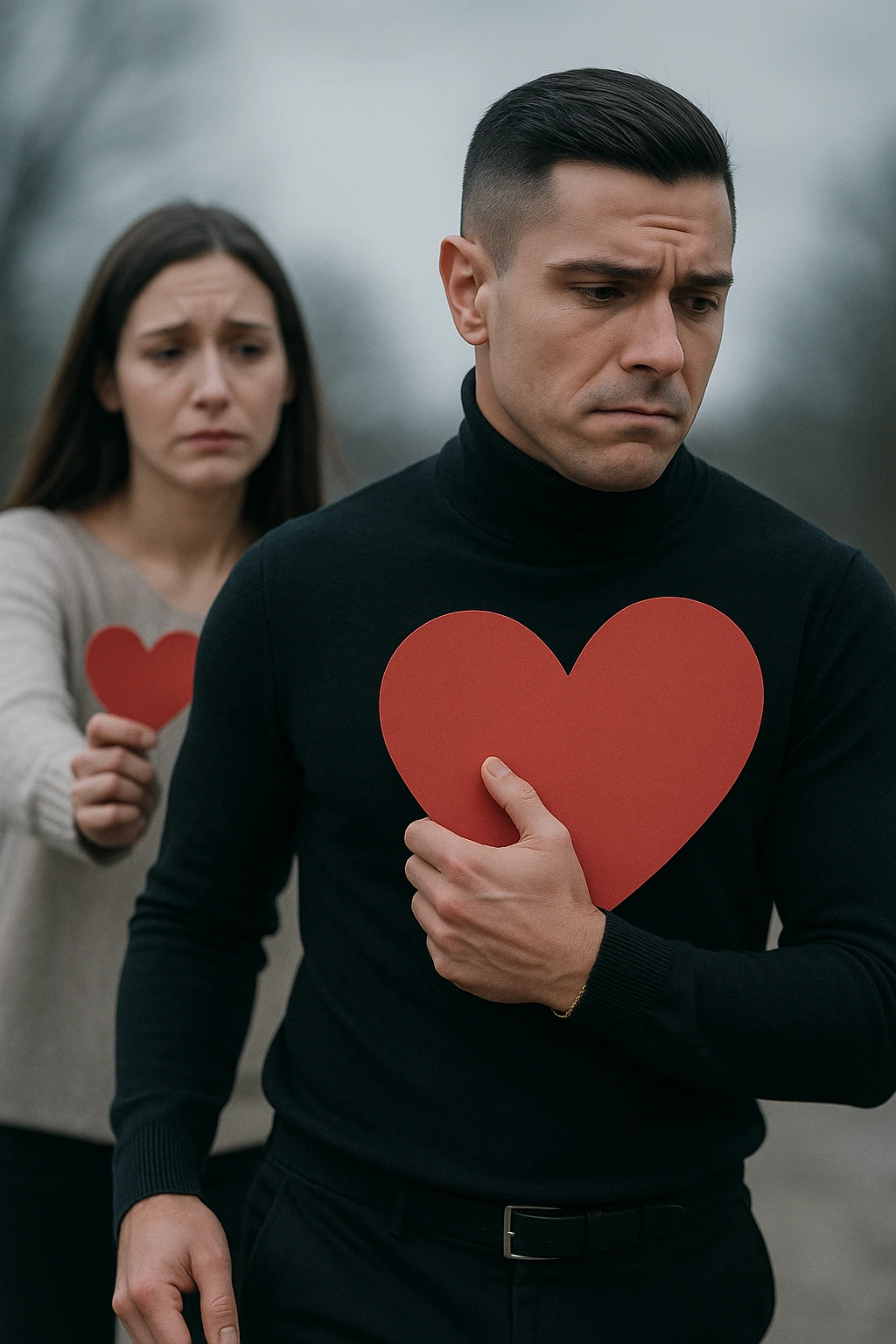 un uomo italiano in abiti casual si allontana da una donna che cerca di abbracciarlo. Lui stringe al petto un grande cuore rosso, mentre lei ne tiene uno più piccolo; entrambi hanno espressioni tristi, e la distanza emotiva è sottolineata da uno sfondo sfocato e freddo. emoji
