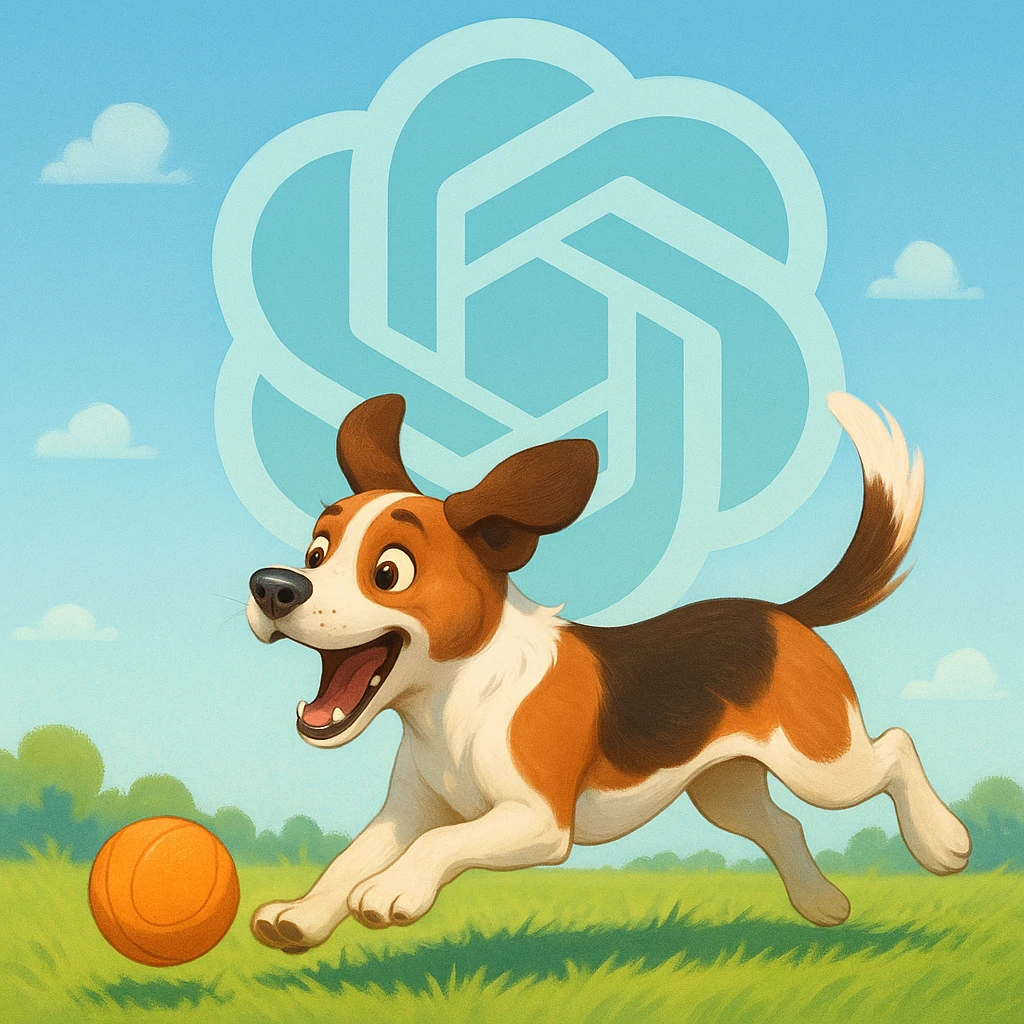 gpt image logo on the background of a dog chasing ball emoji