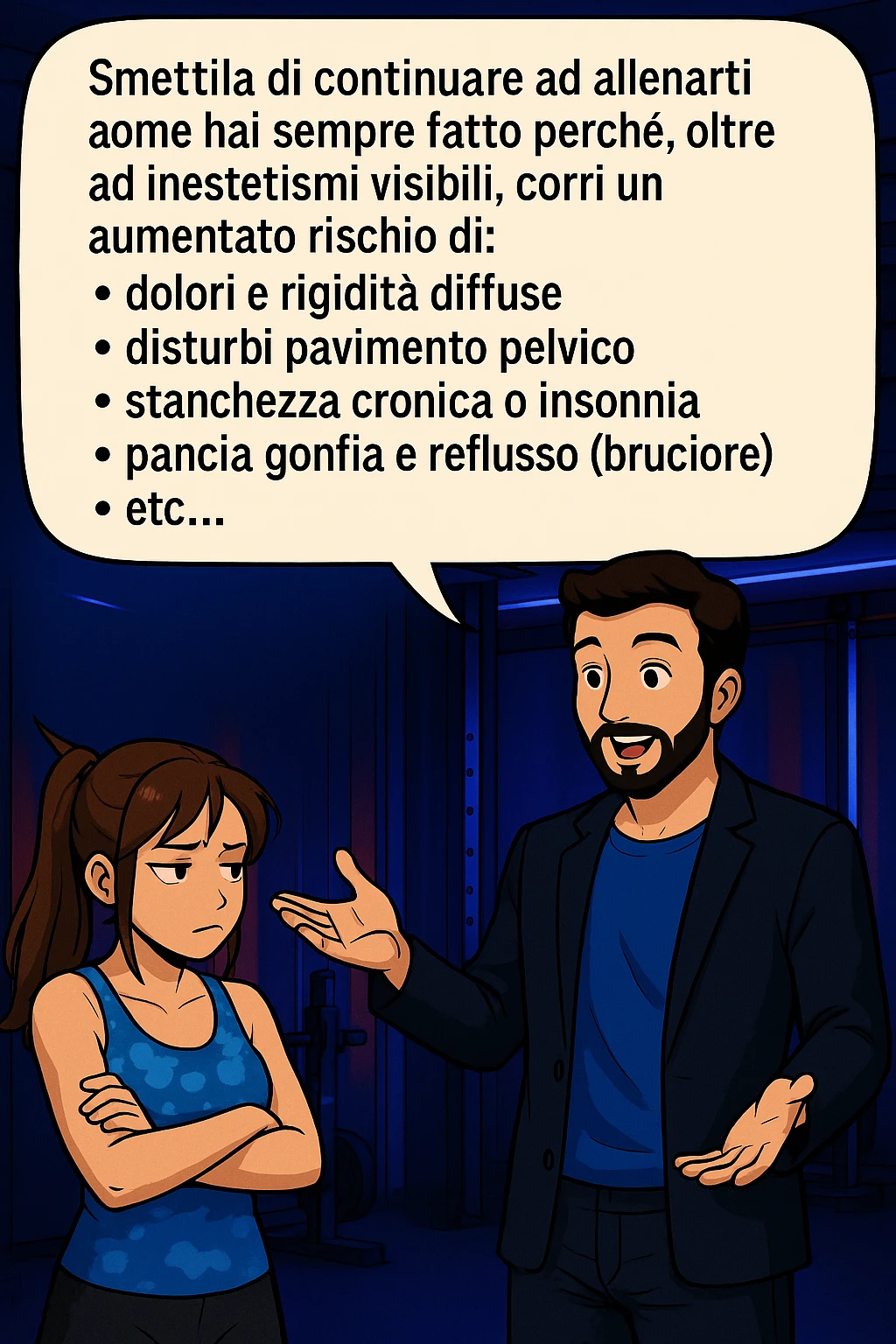 TRASFORMA QUESTO CAROSELLO IN UN FUMETTO STILE MANGA A COLORI CON QUESTE DUE PERSONE IDENTICHE CHE INTERLOQUISCONO TRA LORO:

LUI (UOMO): Smettila di continuare ad allenarti come hai sempre fatto perché, oltre ad inestetismi visibili, corri un aumentato rischio di:
    • dolori e rigidità diffuse
    • disturbi pavimento pelvico
    • stanchezza cronica o insonnia
    • pancia gonfia e reflusso (bruciore)
    • etc… emoji