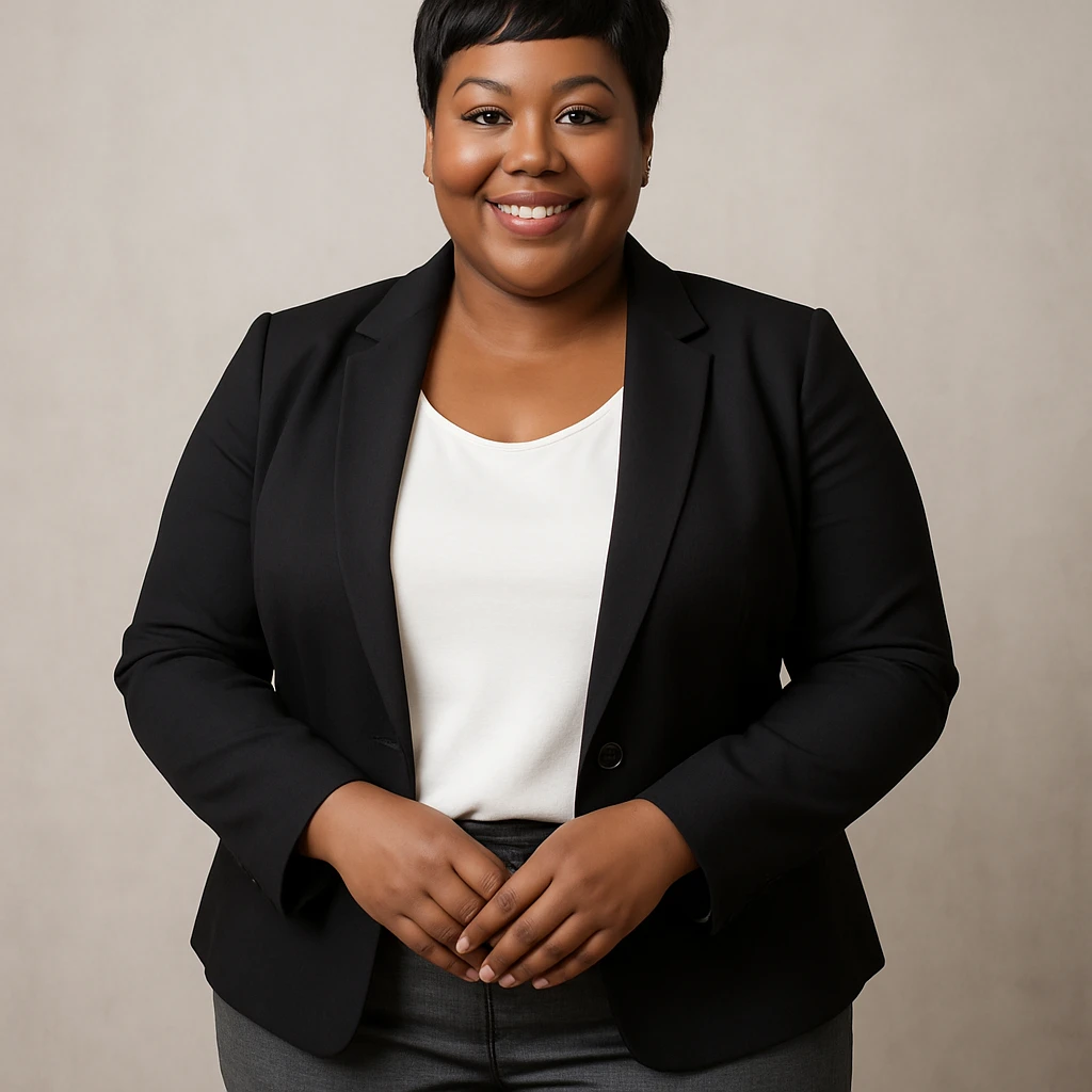 plus size Black woman with a pixie cut, business casual outfit, friendly expression, standing pose emoji
