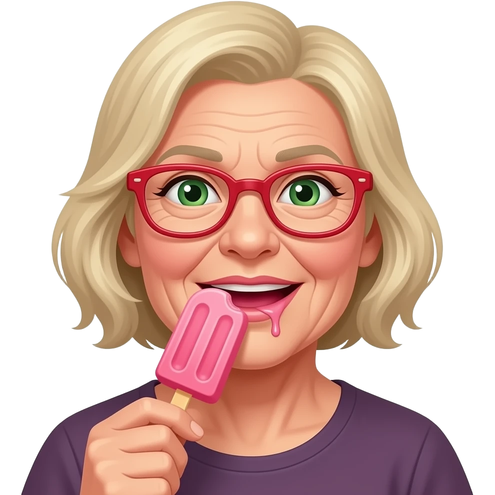 Gryzienie loda przez starszą  kobietę na patyku w kolorze różowym językiem włosy blond zielone oczy i okulary w kolorze czerwonym, kapiąca ślina emoji