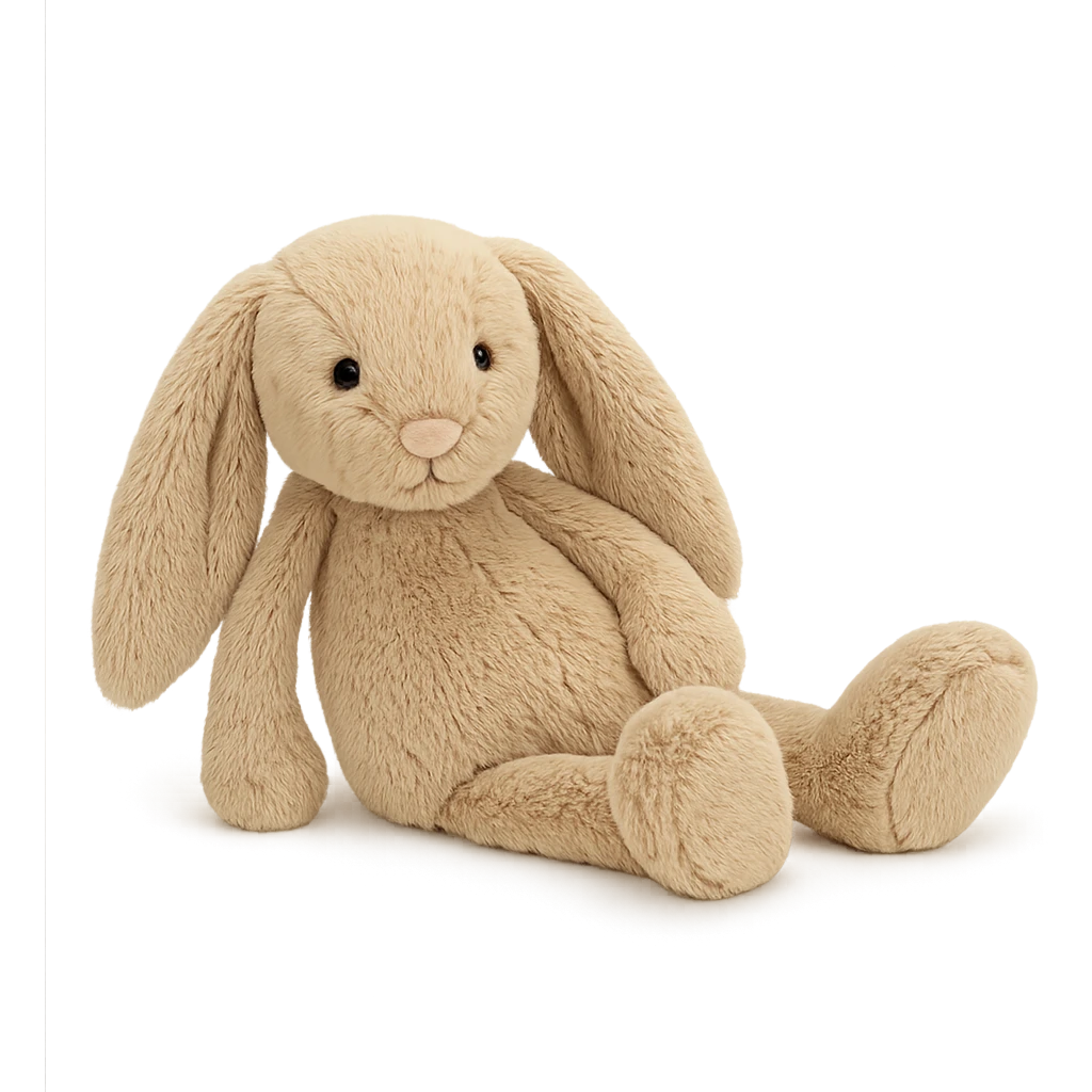 beige Jellycat Bashful Bunny plush, lying down with floppy ears, gentle expression emoji