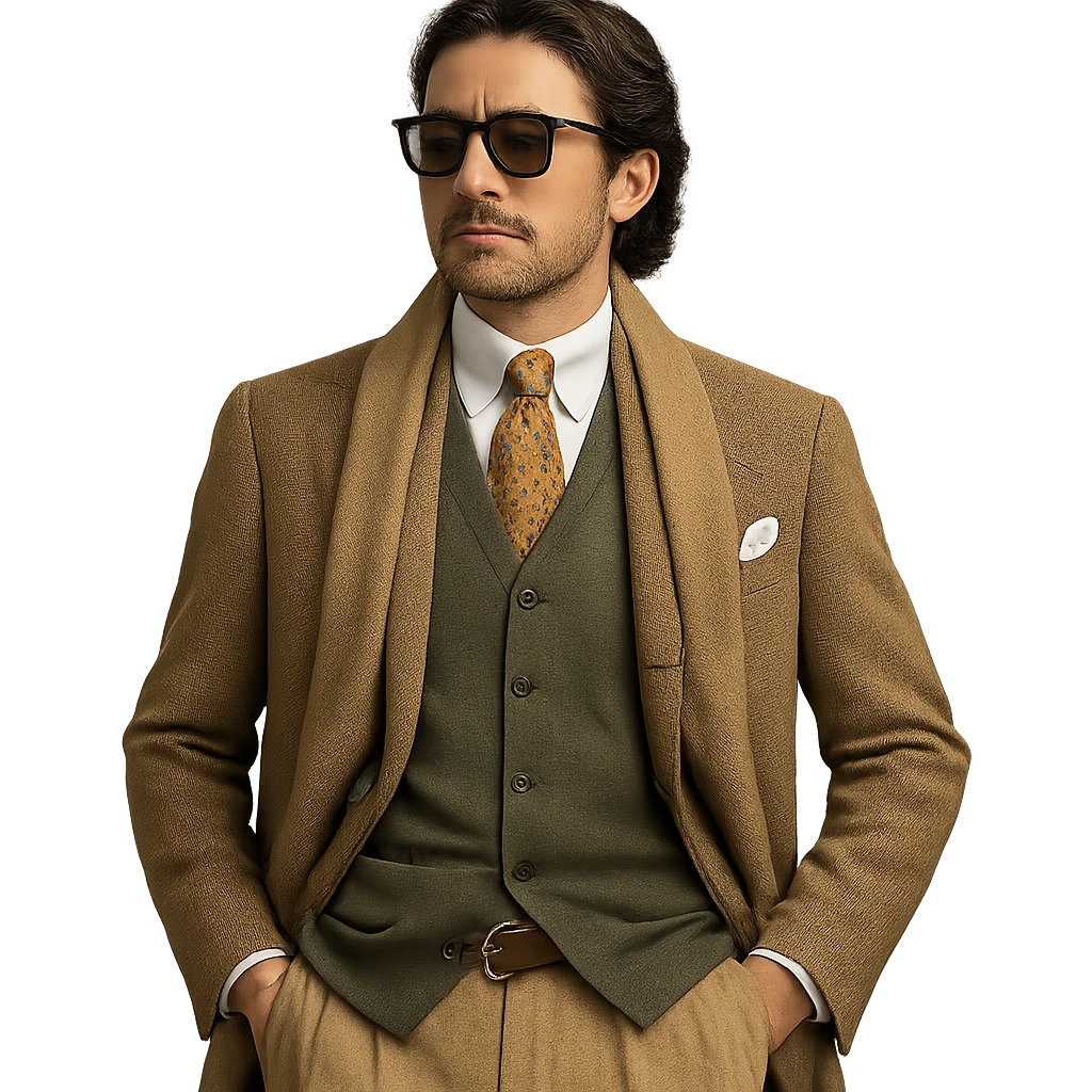a wealthy gentleman in vintage preppy attire, sunglasses, medium-length black hair, old money style emoji