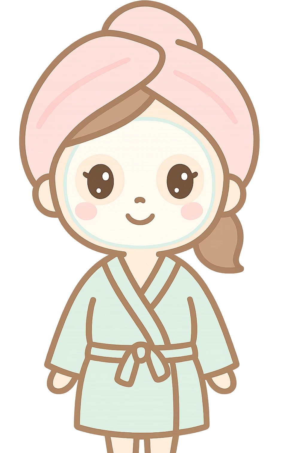 a girl with brown hair, wearing a bathrobe and a pastel pink towel turban, with a white facial mask, kawaii style emoji