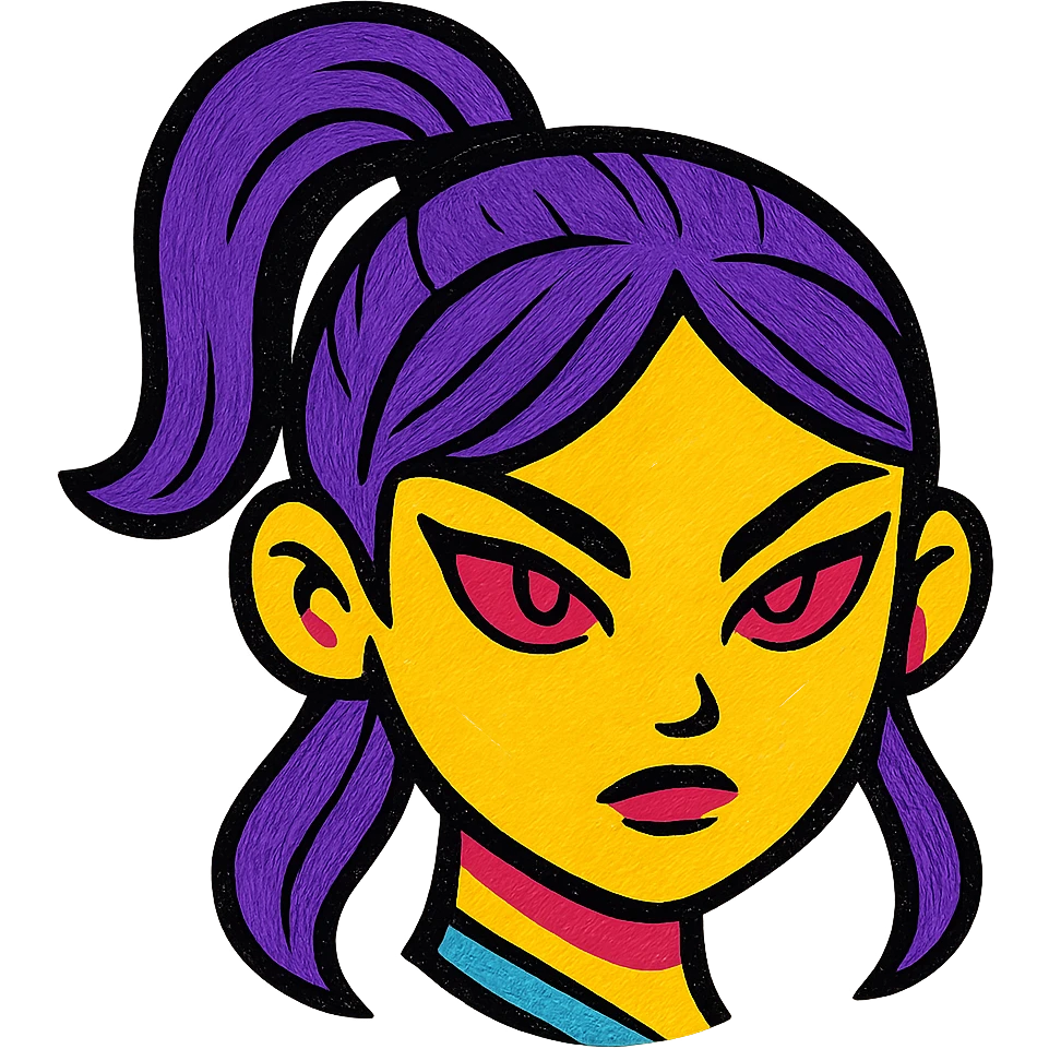 fierce K-pop warrior girl emoji face with sleek violet hair in a high ponytail, glowing red almond-shaped eyes, bold eyeliner, calm but intense expression, modern pop-art style emoji