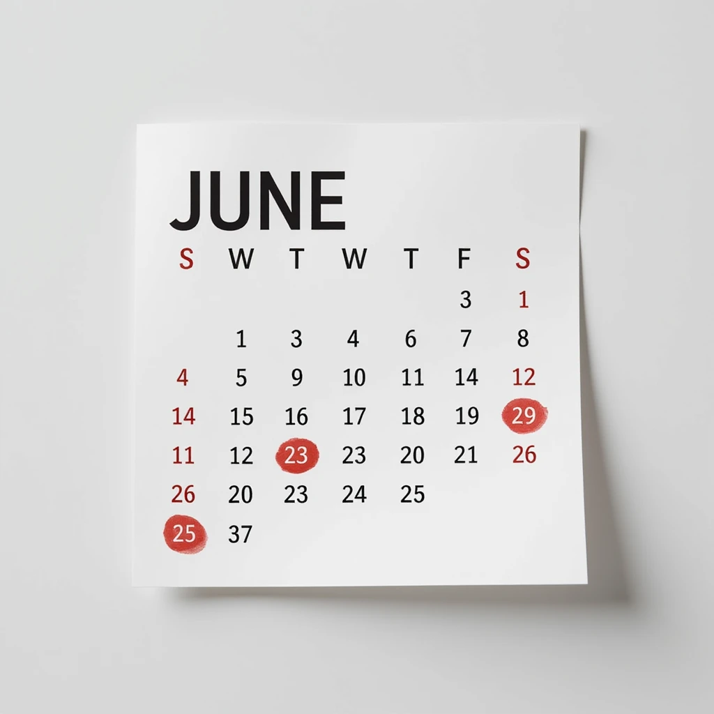 hyperrealistic calendar, 4K, no background, with days from June 1 to June 7 circled in red, no border, no shadow, just the sheet emoji