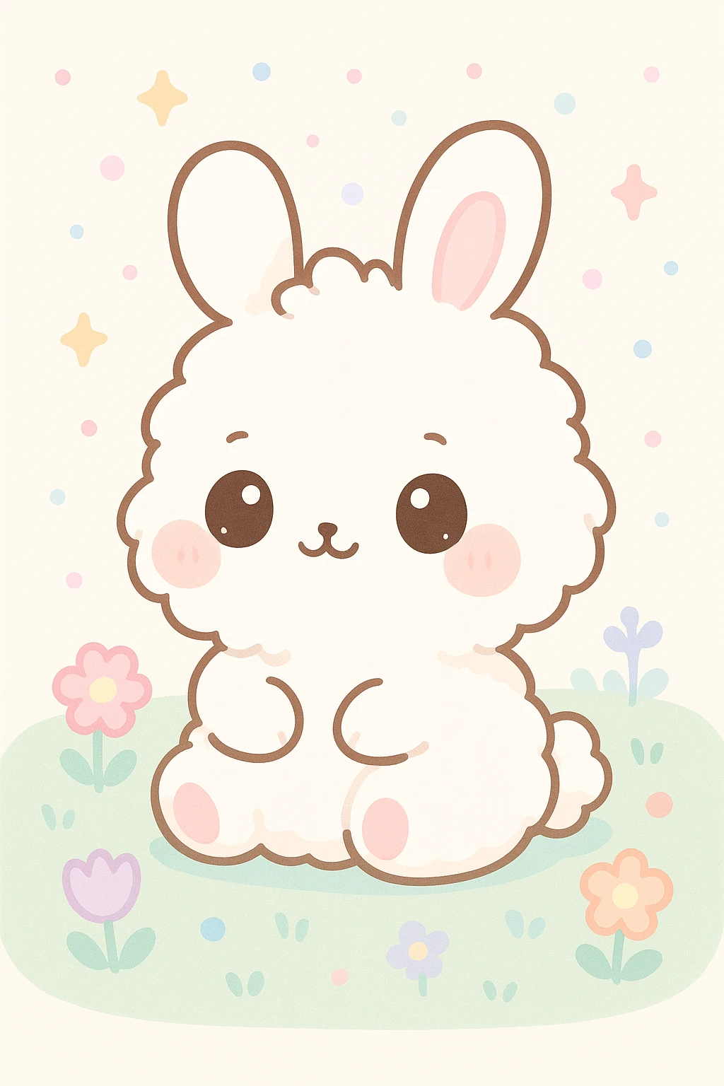kawaii chibi bunny, fluffy and cute, large round eyes, pink cheeks, sitting in a pastel grassy field with spring flowers, digital art, cartoon style, 4k emoji