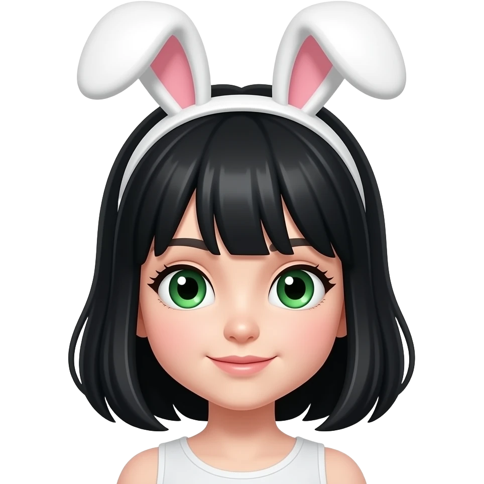Make a hairband bunny ears on a girl with grean eyes, black hairs emoji