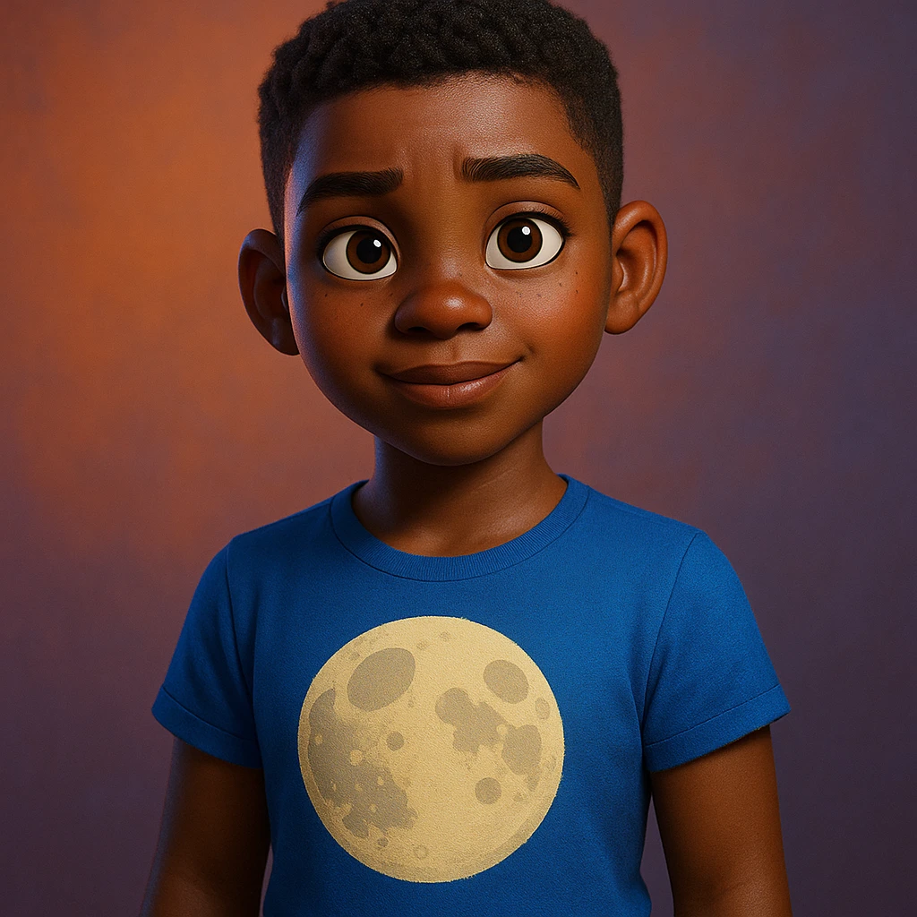 Pixar animation style dark-skinned girl with short masculine hair, wearing a t-shirt with a moon design emoji