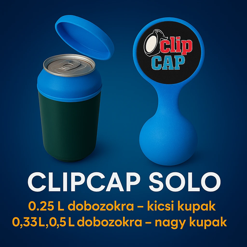 A kupakokat színezd át kékre. A CLIPCAP DUO felírat helyett CLIPCAP SOLO felírat legyen, a "kicsi és nagy kupak a csomagban" szöveg helyett "0.25L dobozokra - kicsi kupak" és a "0.33L,0.5L dobozokra - nagy kupak" külön sorban. emoji