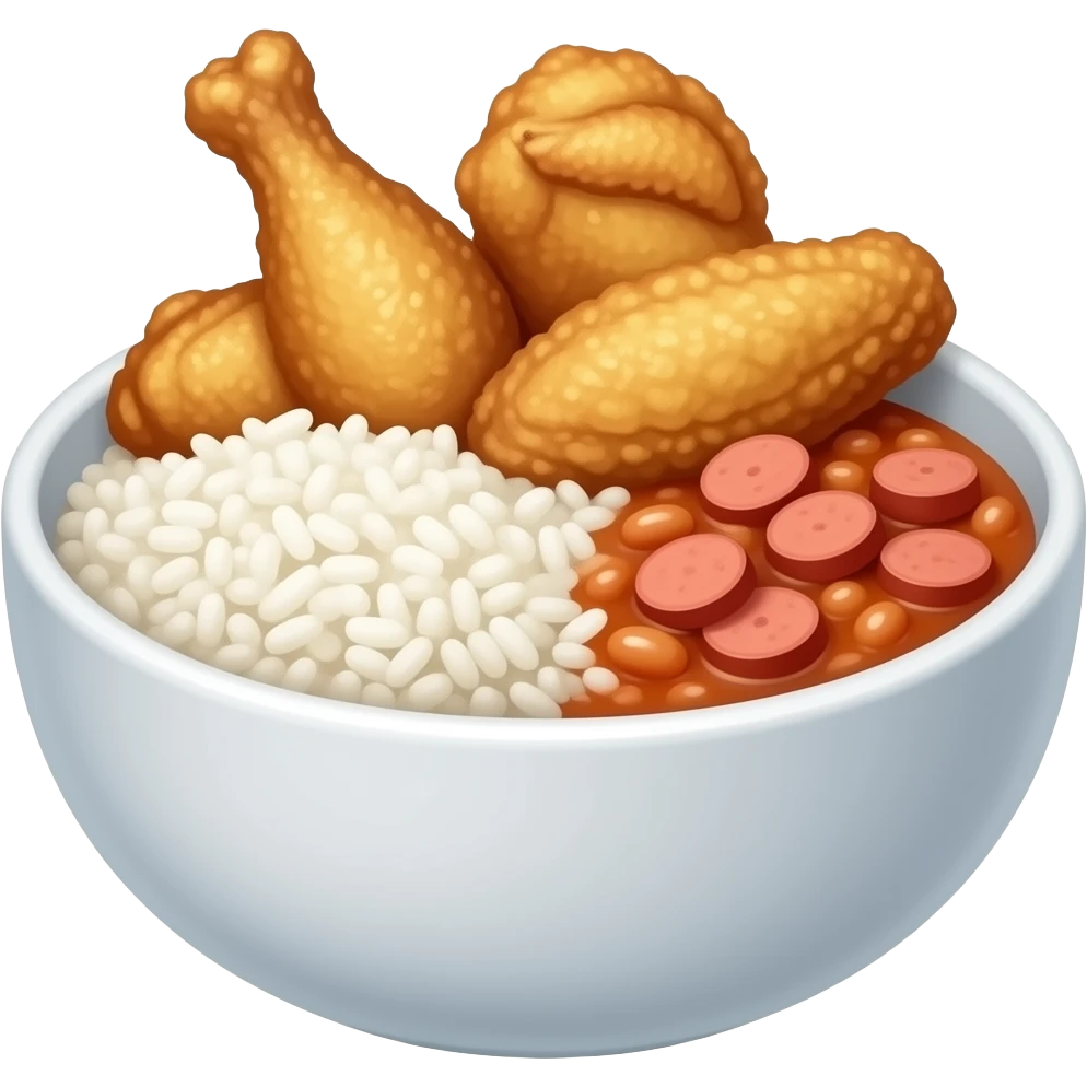 iOS style Bowl of Fried chicken wings, a scoop of white rice, and baked beans with sliced sausages emoji