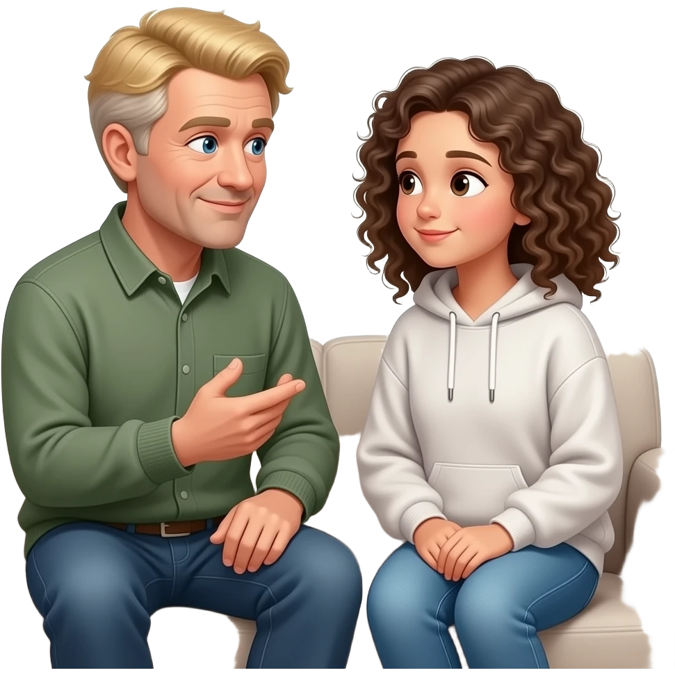 A 65-year-old father with blond hair is talking to his teenage daughter, brown eyes, curly hair, wearing a large sweatshirt and jeans, sitting on a sofa, looking into each other's eyes. emoji