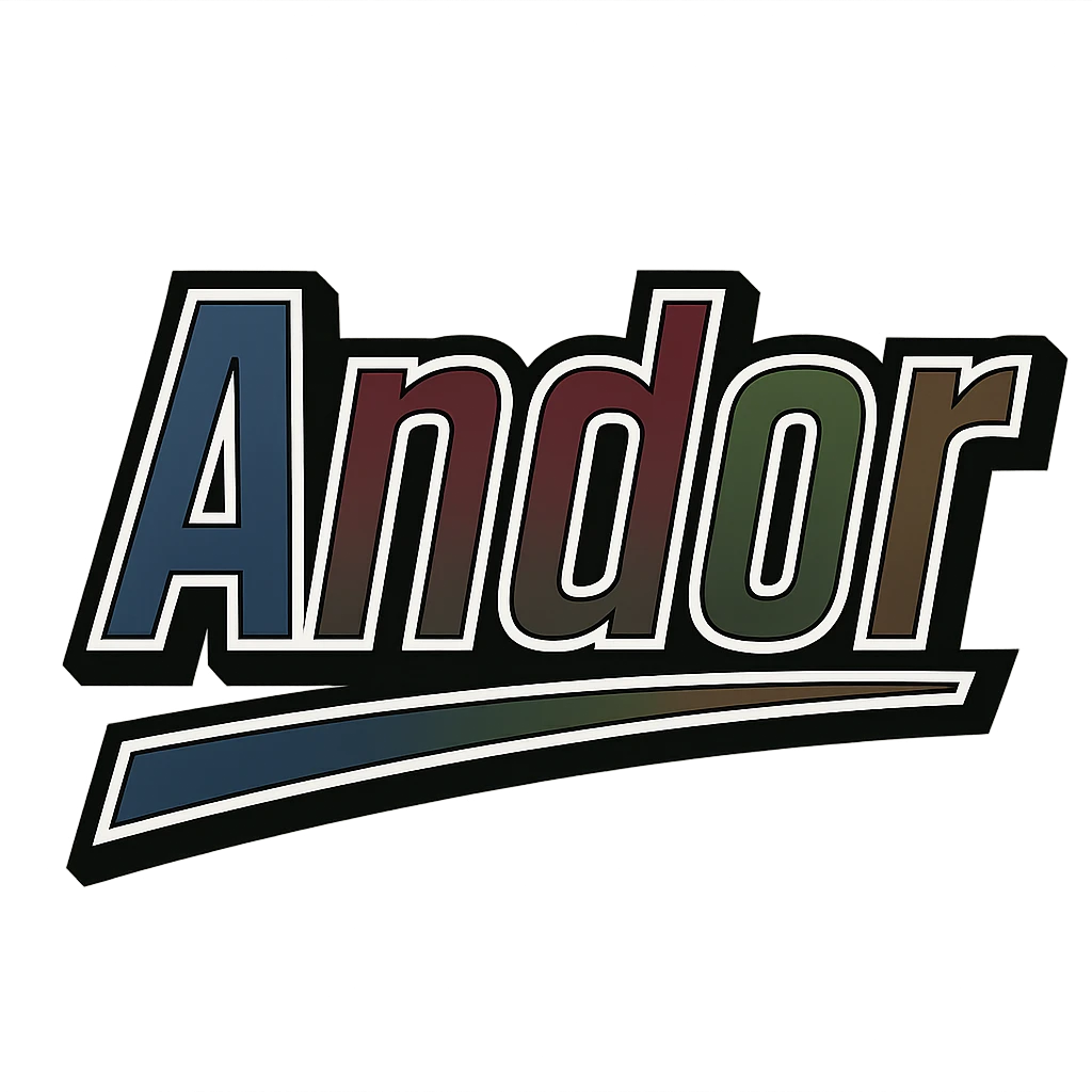 Text image of the name 'Andor' in a masculine, modern font with gradient colors including blue, gray, burgundy, green, and brown. The text has precise Hungarian characters, a dark contour, extra thick and prominent white letter border, dynamic slanted underline. Image size 1000x1000 px, PNG format, transparent background. emoji
