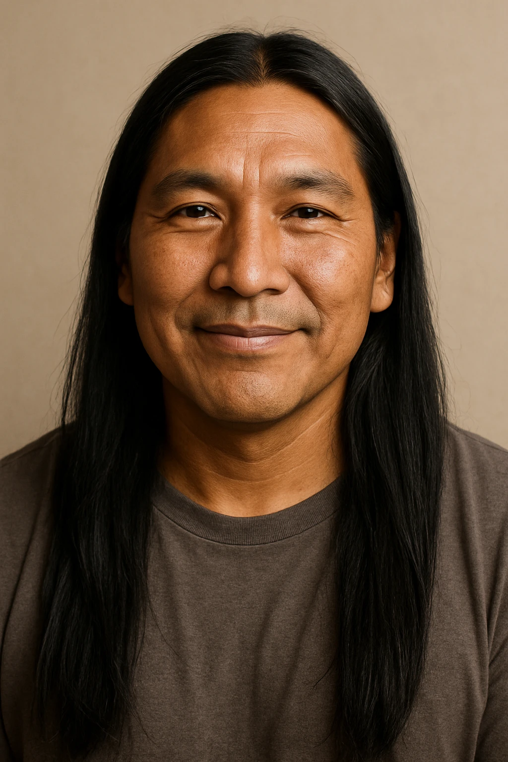 Native Indigenous man with long black hair and brown skin, gentle smile, wearing a simple shirt, minimal background emoji