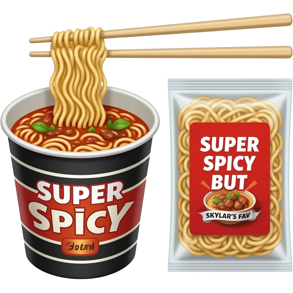 Noodles in a cup with red sauce and beef broth and chopsticks and The package says SUPER SPICY BUT SKYLARS FAV! emoji
