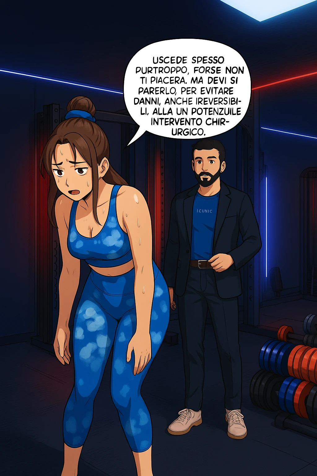 fai questa immagine in versione fumetto/manga/webtoon a colori, il manga mostra l'uomo che risponde alla donne:
Succede spesso purtroppo. 
Forse non ti piacerà ma devi saperlo, per evitare danni, anche irreversibili, alla colonna vertebrale e un potenziale intervento chirurgico. emoji