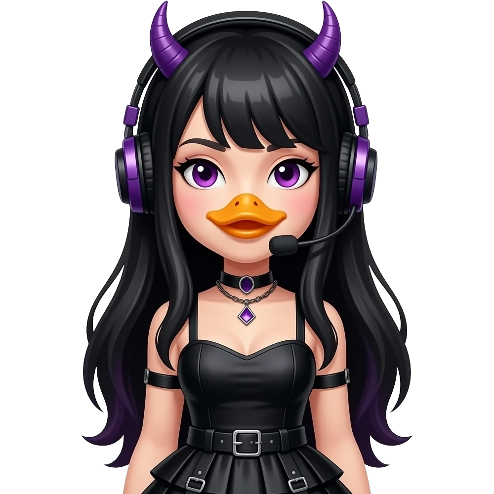 goth women duck, with long black hair, headset without a mic and horns , make it purple and remove the microphone, remove the mic on the headset and make her a DJ a duck DJ with a goth skirt emoji