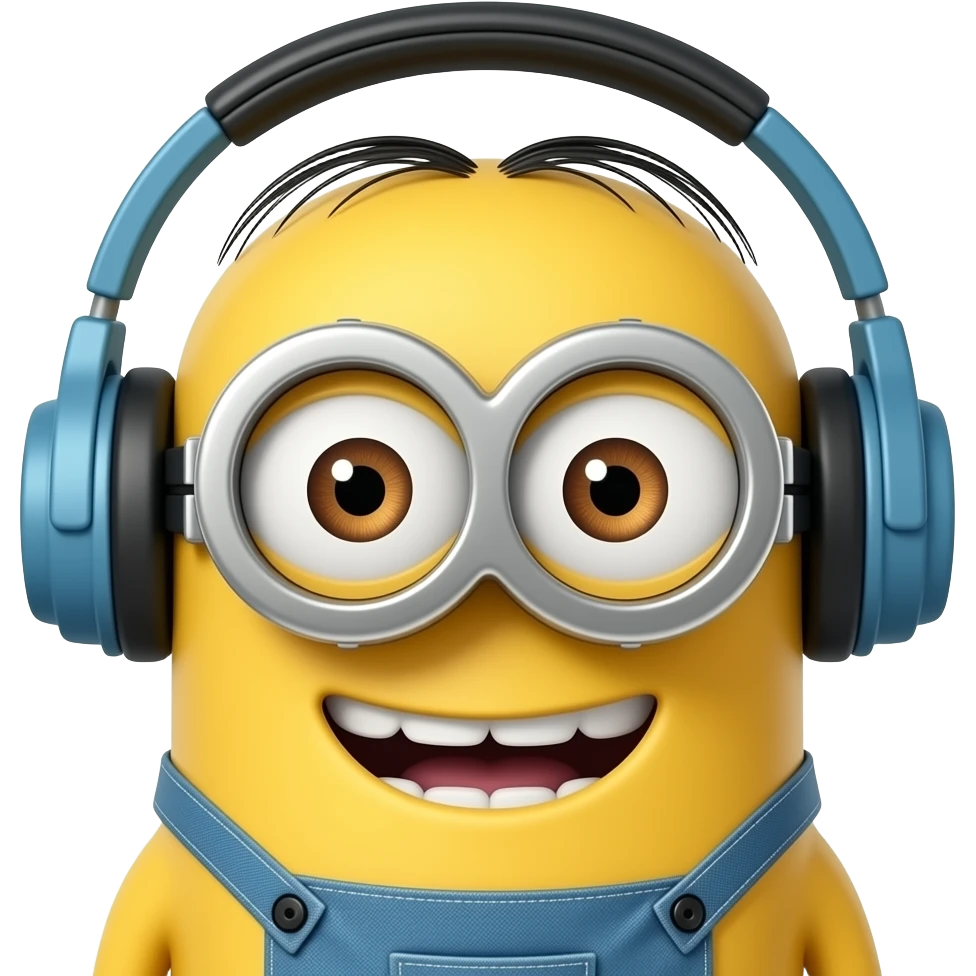Minions com fones de ouvido, mostrando os dentes e sorrindo. emoji