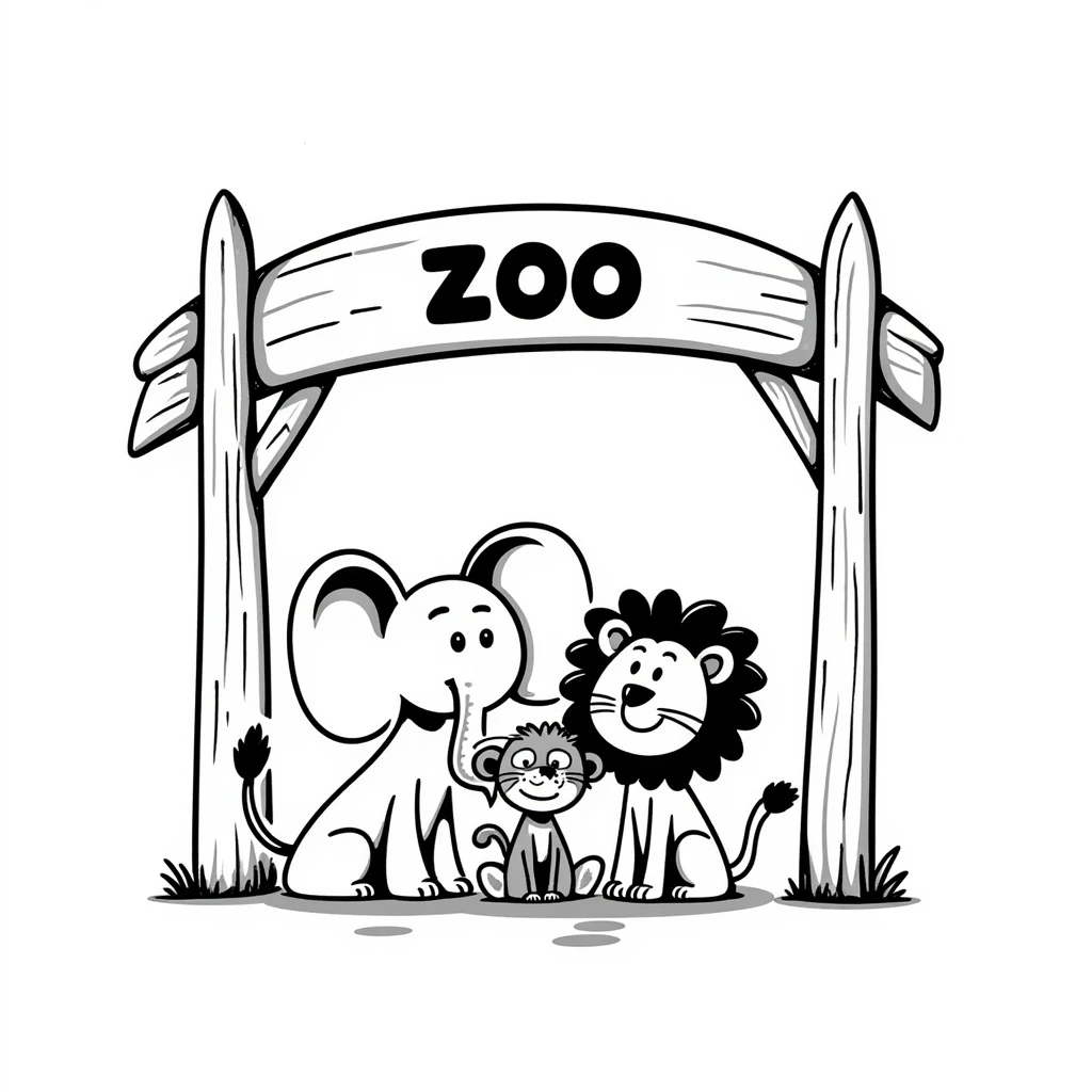 wooden archway labeled 'zoo' with an elephant, lion, kangaroo, and monkey gathered at the entrance, realistic hand-drawn emoji style, avoiding AI or digital look emoji