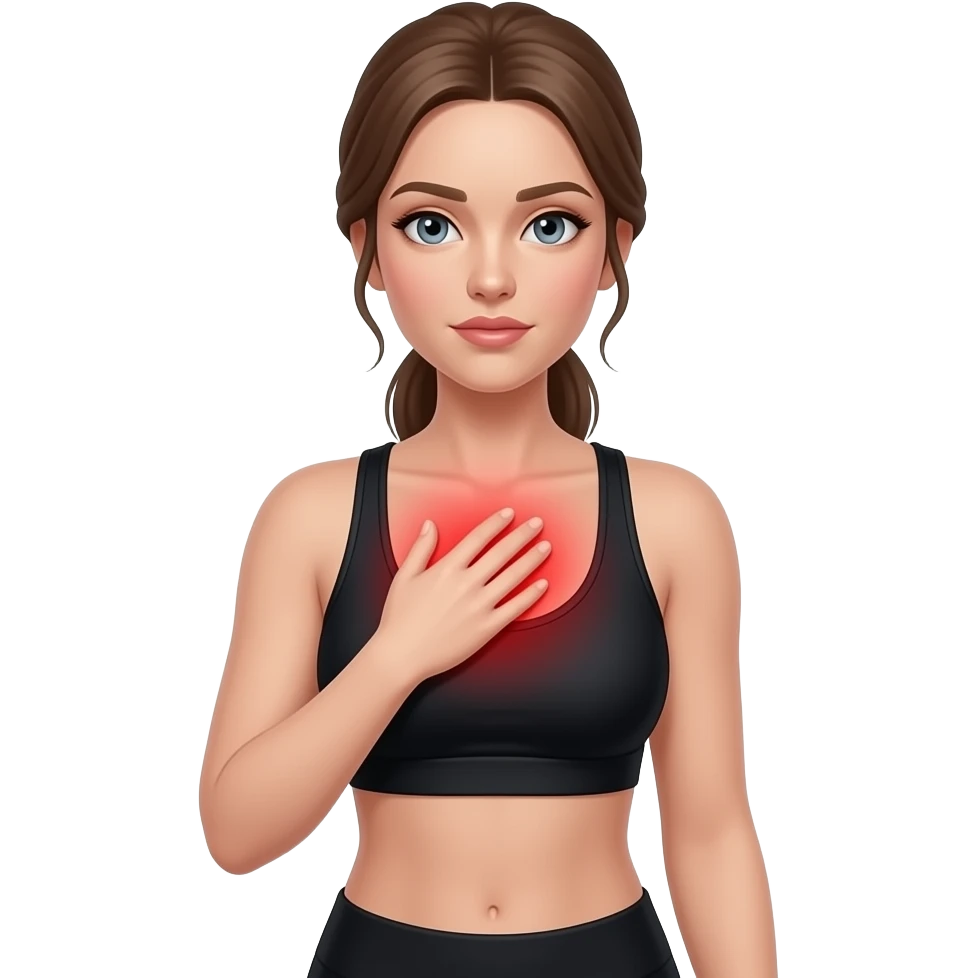 all chest tension, red glow on all chest, woman touching upper chest, fair-skinned woman, gray-blue eyes, ash brown brows, ash light brown hair tied back, slim athletic body, black workout set, white background emoji