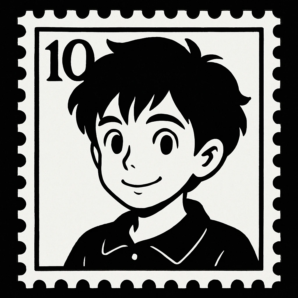 Increase contrast, use only pure black and pure white with no grays or shading, keep as a letter stamp in studio ghibli style. emoji