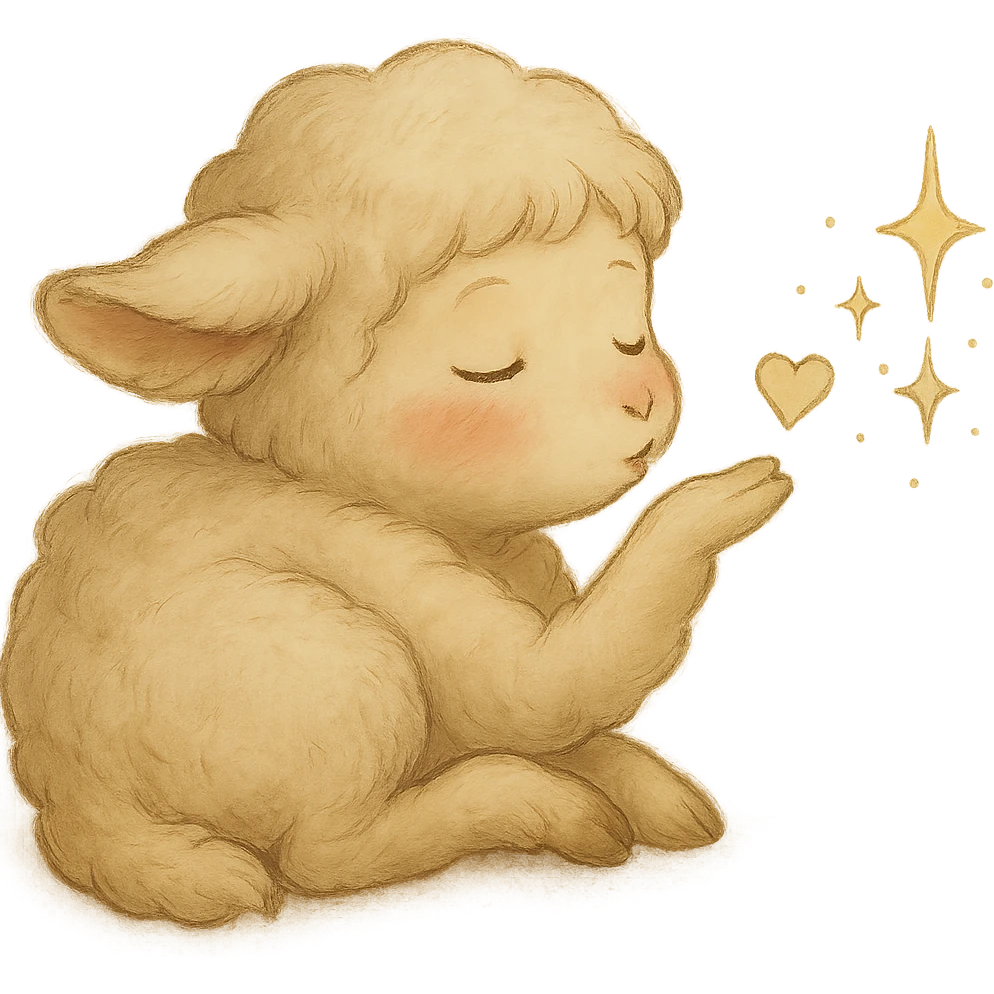 Make the vanilla-colored cloud doe appear curled up, with rosy cheeks, blowing a kiss with sparkles, in a soft Ghibli style, with no background. emoji