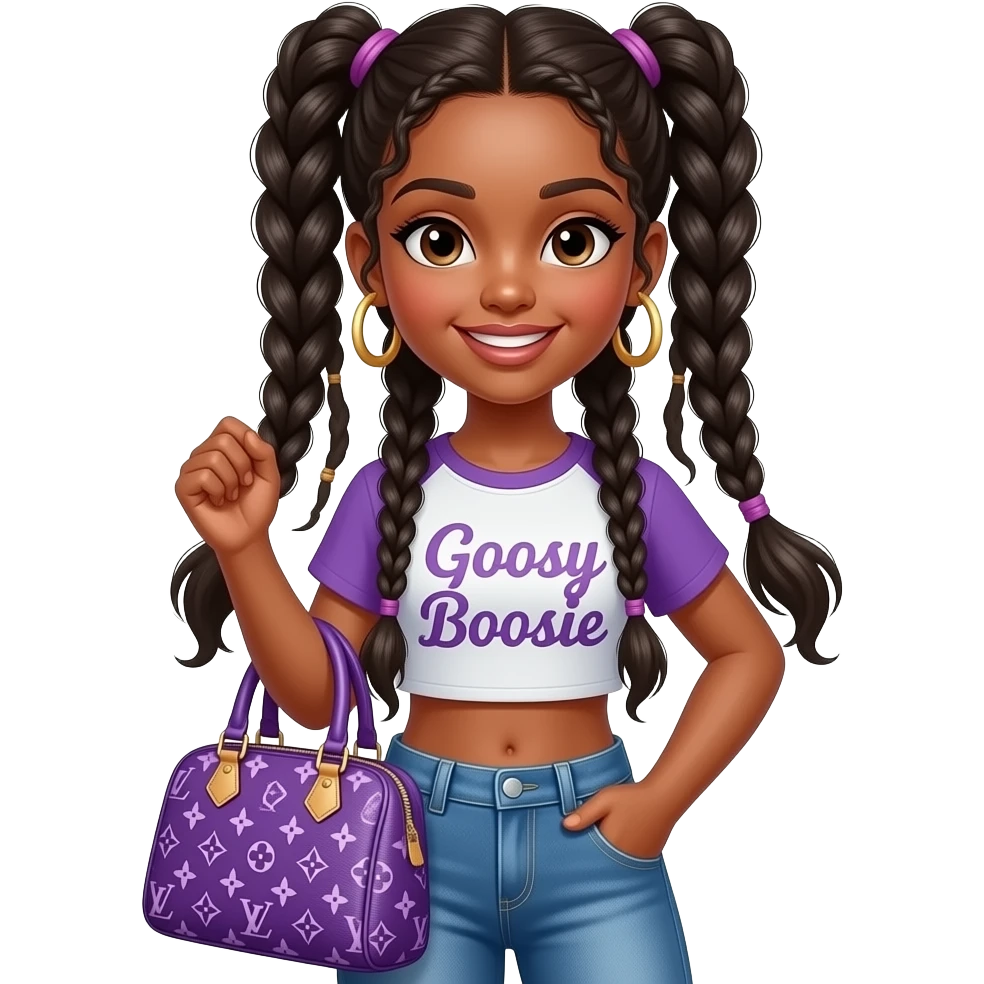 Black 13-year-old girl with BoHo braids, sassy with a purple Louis Vuitton bag a crop top that says goosy Boosie big hoop earrings that are gold and cute jeans emoji