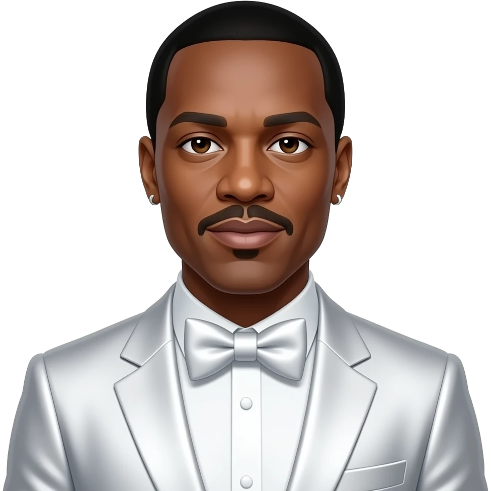 P Diddy with dark brown eyes, black hair, white metallic suit with bow tie, short earrings emoji
